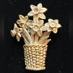 Vintage H&H Sterling Silver Flower Basket Pin Brooch, 1.5 Inch